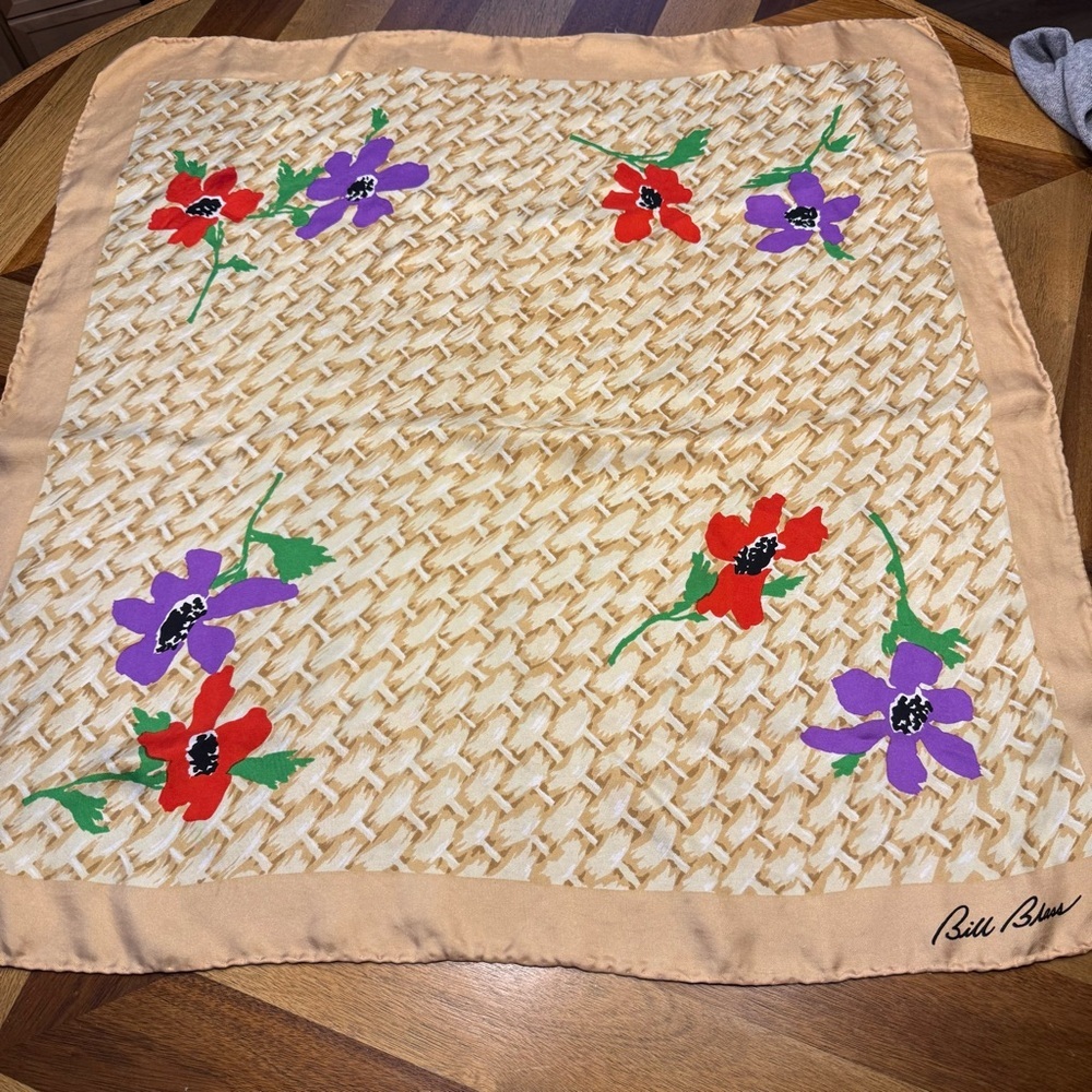 Bill Blass Vintage 100% Silk Tan and Cream Silk Scarf FLAWS